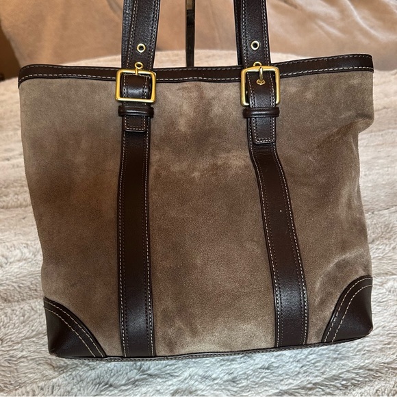 Coach Carly Taupe Brown suede and leather tote. - Picture 3 of 13